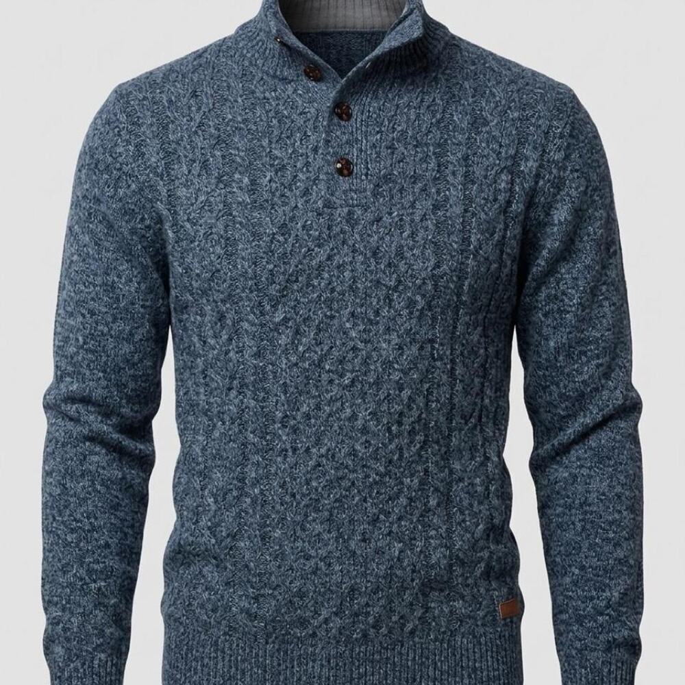Buffalo David Bitton Mens M Blue Heather Cable Knit Sweater Mock Neck 3 Button